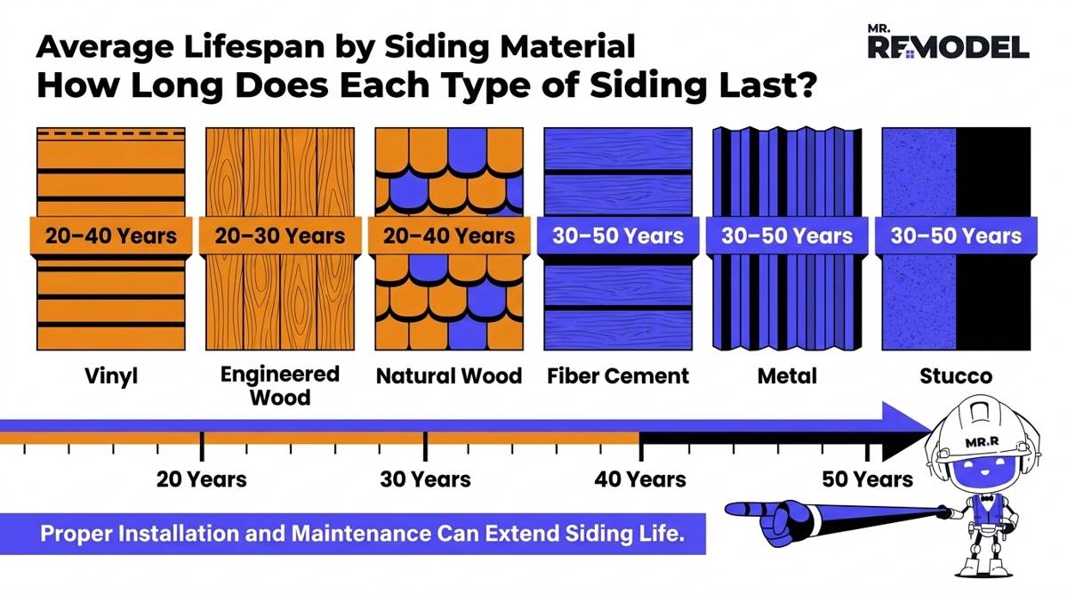 Comparison infographic showing the typical lifespan of common siding materials from vinyl to stucco.